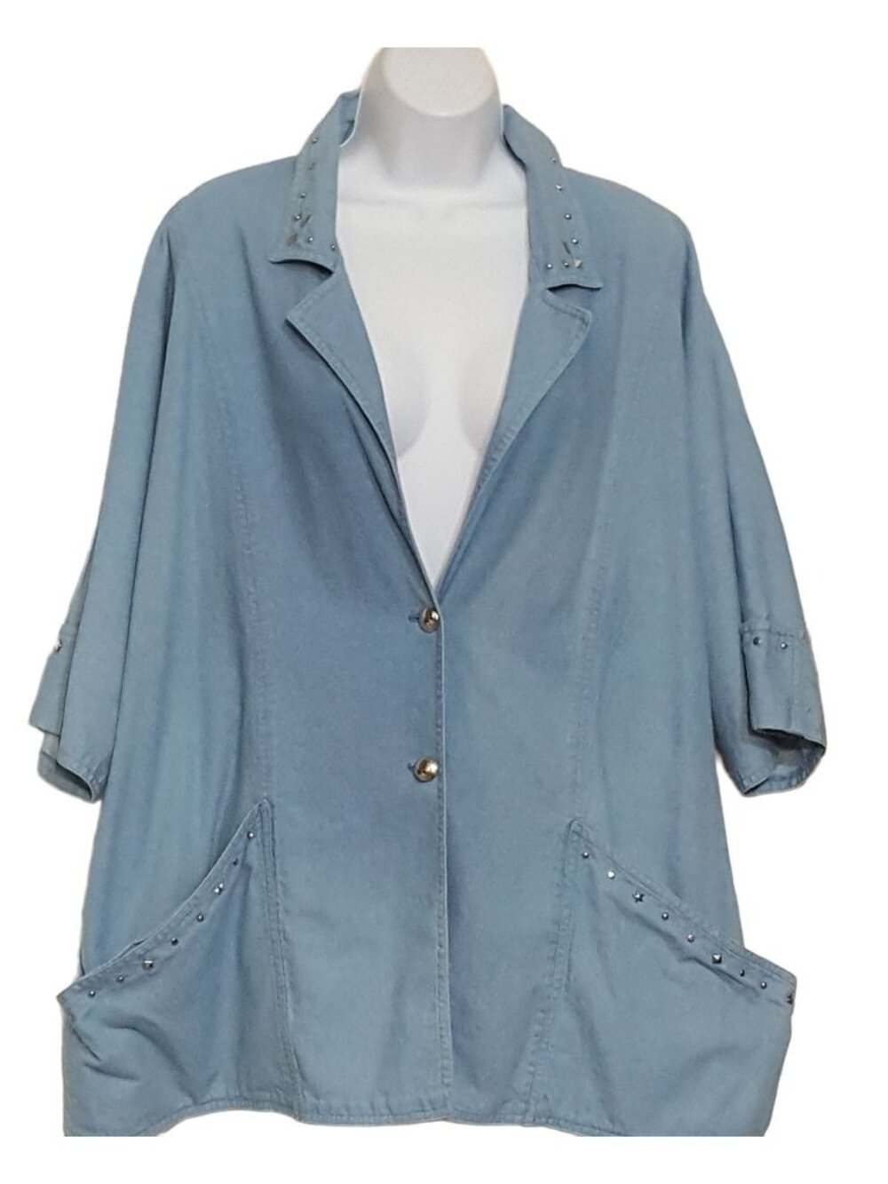 Womens Blazer Jacket Vintage 80s Short Sleeve Denim Chambray Studs Pockets